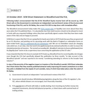 SCM Direct Statement re Woodford and FCA Review 15 Oct 2019
