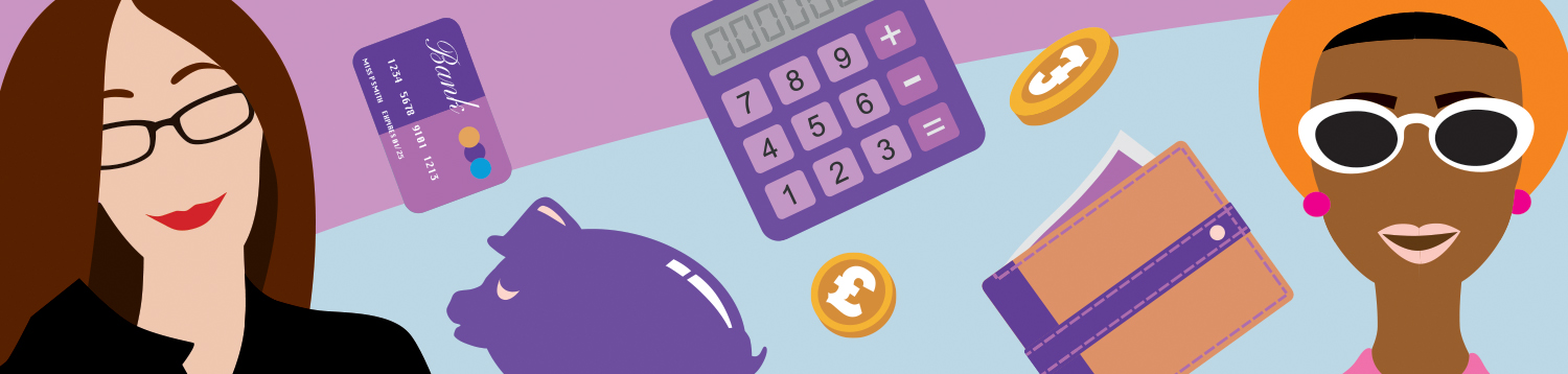 Two women with cards, calculators and piggy banks